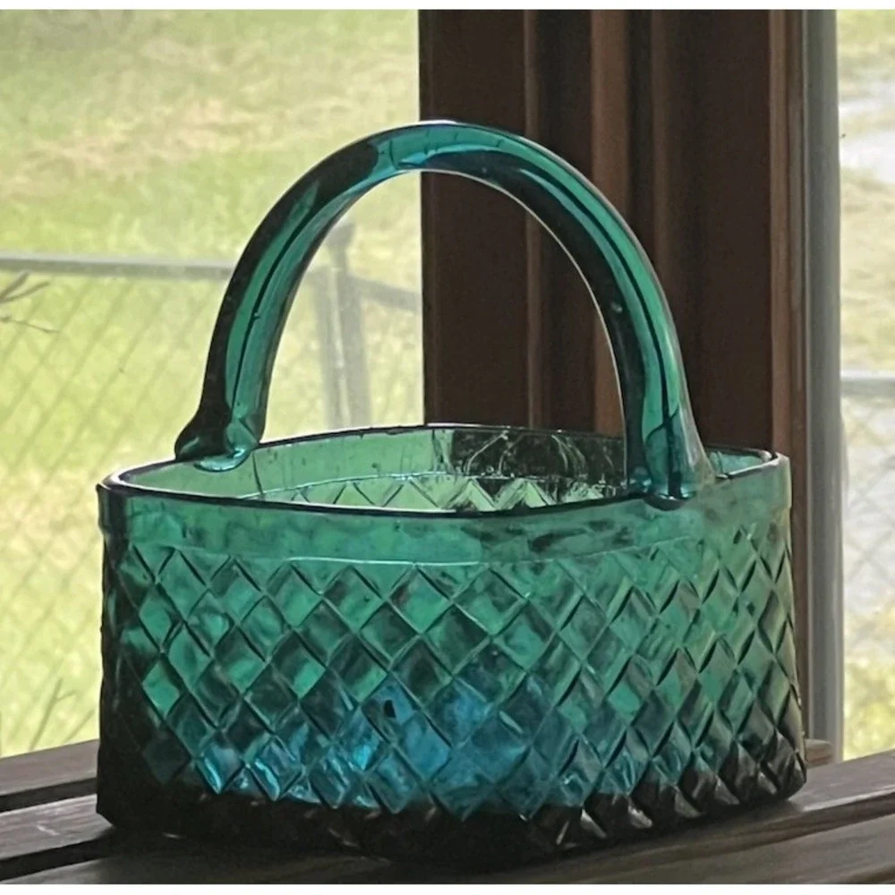 Vintage Shiah Yih Teal Blue Art Glass Basket Hand Made Taiwan 6